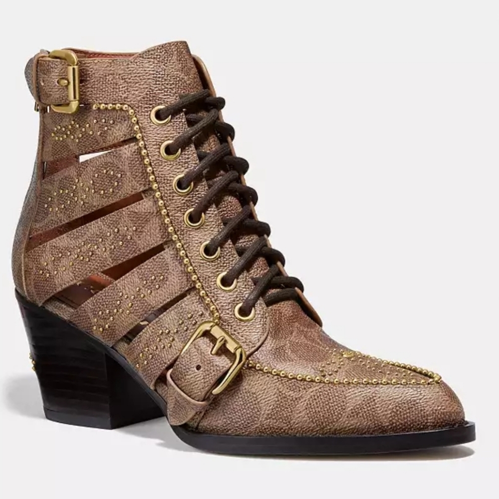 Coach Brown Lace Up Boots with Gold Details